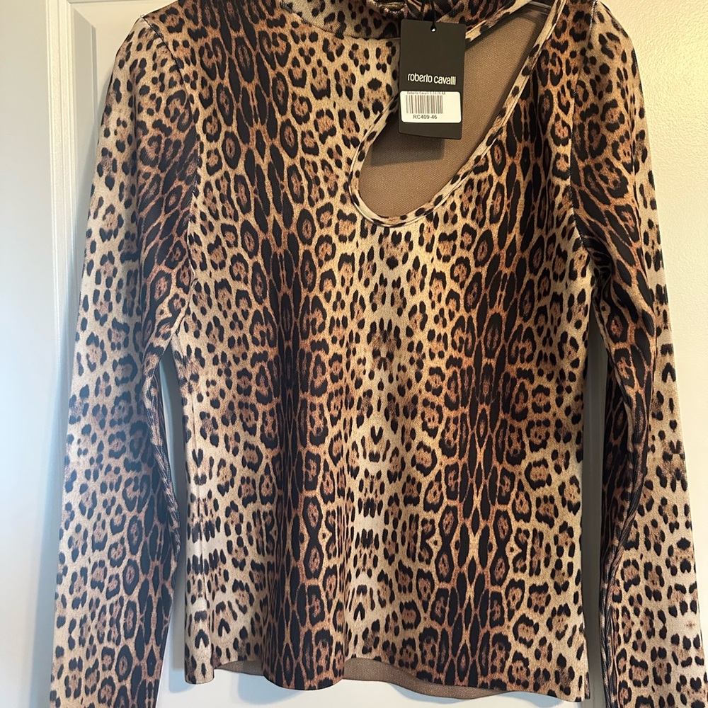 Roberto Cavalli Leopard Print Long Sleeve Top with Cut Out
